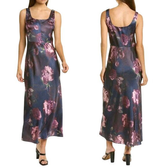 Vince Night Garden Print Satin Square Neck Slip Maxi Dress Sz 4 Wedding Guest - Picture 2 of 15